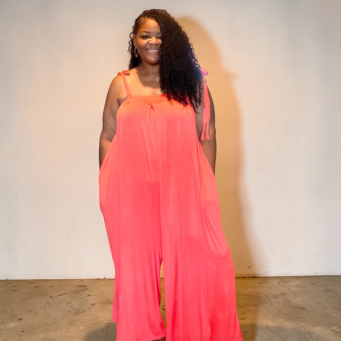 Womens Plus Size Coral Jumpsuit With Pockets