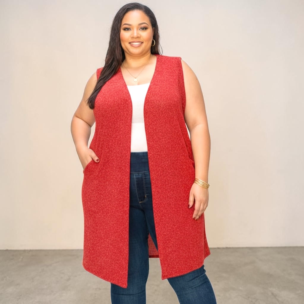 Plus Size Solid With Sparkles Color Vest With Side Pockets (extended sizes)