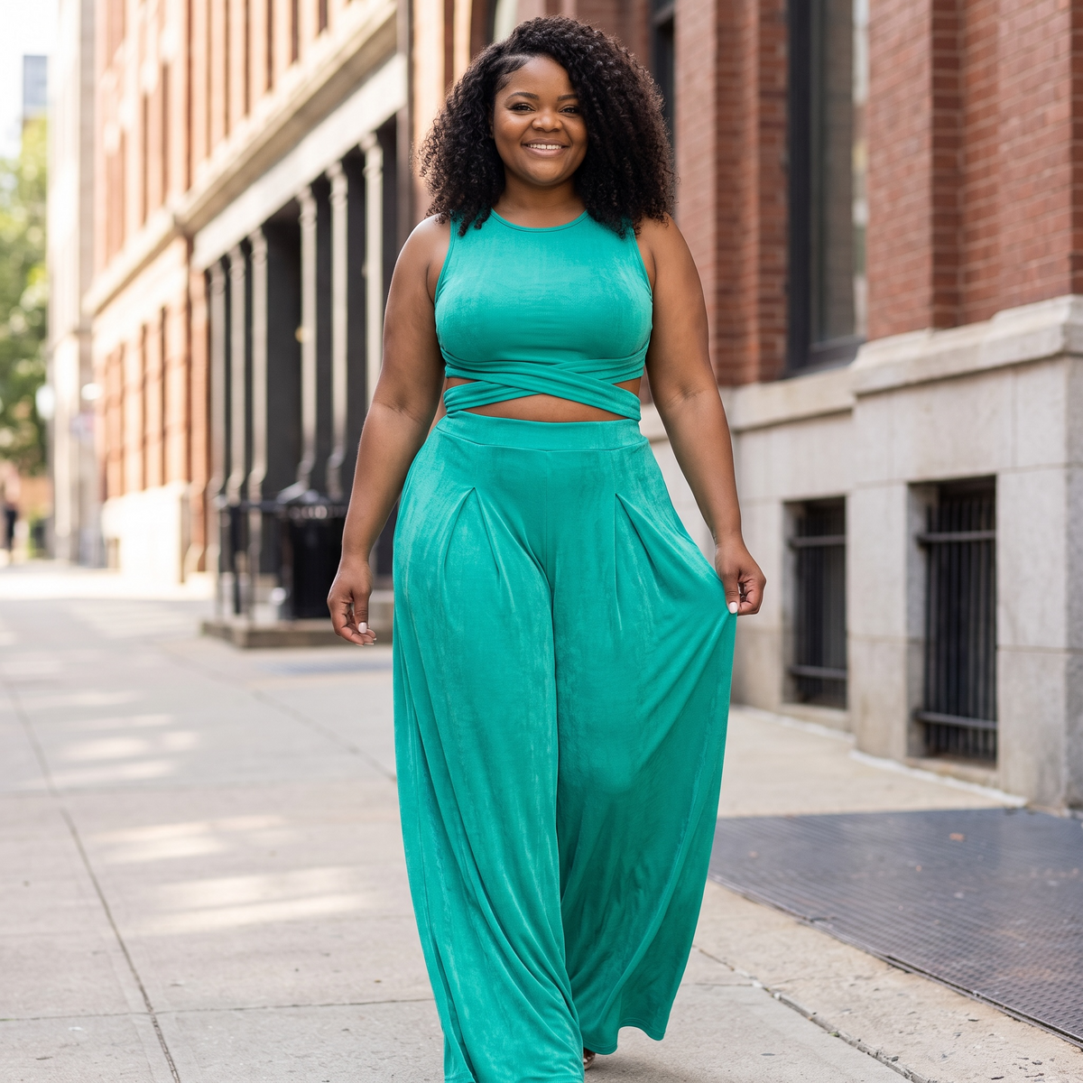 PLUS SIZE WRAP TIE CROP TOP & WIDE LEG PANTS SET