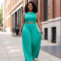 PLUS SIZE WRAP TIE CROP TOP & WIDE LEG PANTS SET