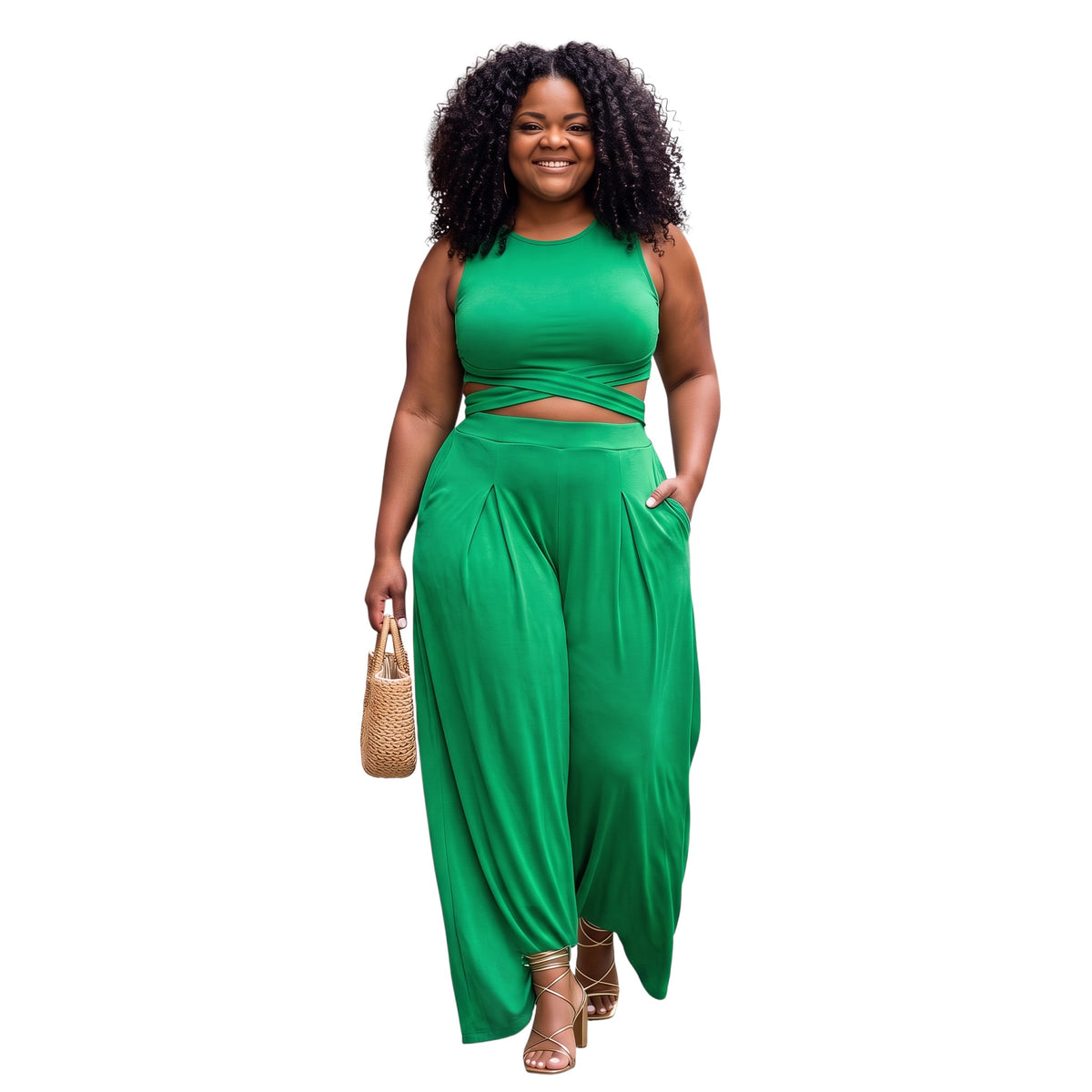 PLUS SIZE WRAP TIE CROP TOP & WIDE LEG PANTS SET