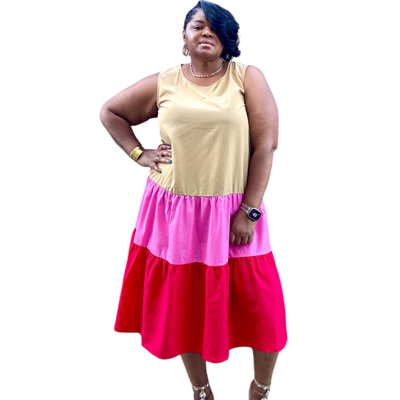 Womens Plus Size Tan Color Block Midi Tank Dress - Fabulously Dressed Boutique 
