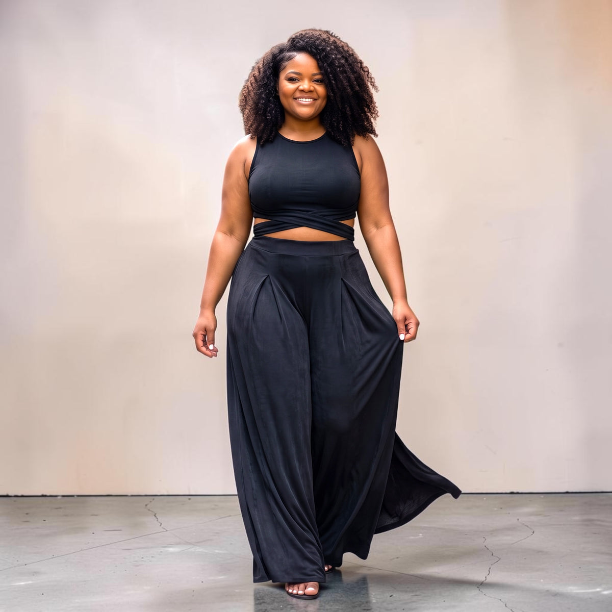 PLUS SIZE WRAP TIE CROP TOP & WIDE LEG PANTS SET