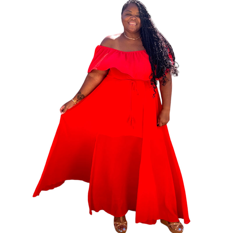Poppy Red Plus Size Sheer Maxi Dress With Slit - Fabulously Dressed Boutique 