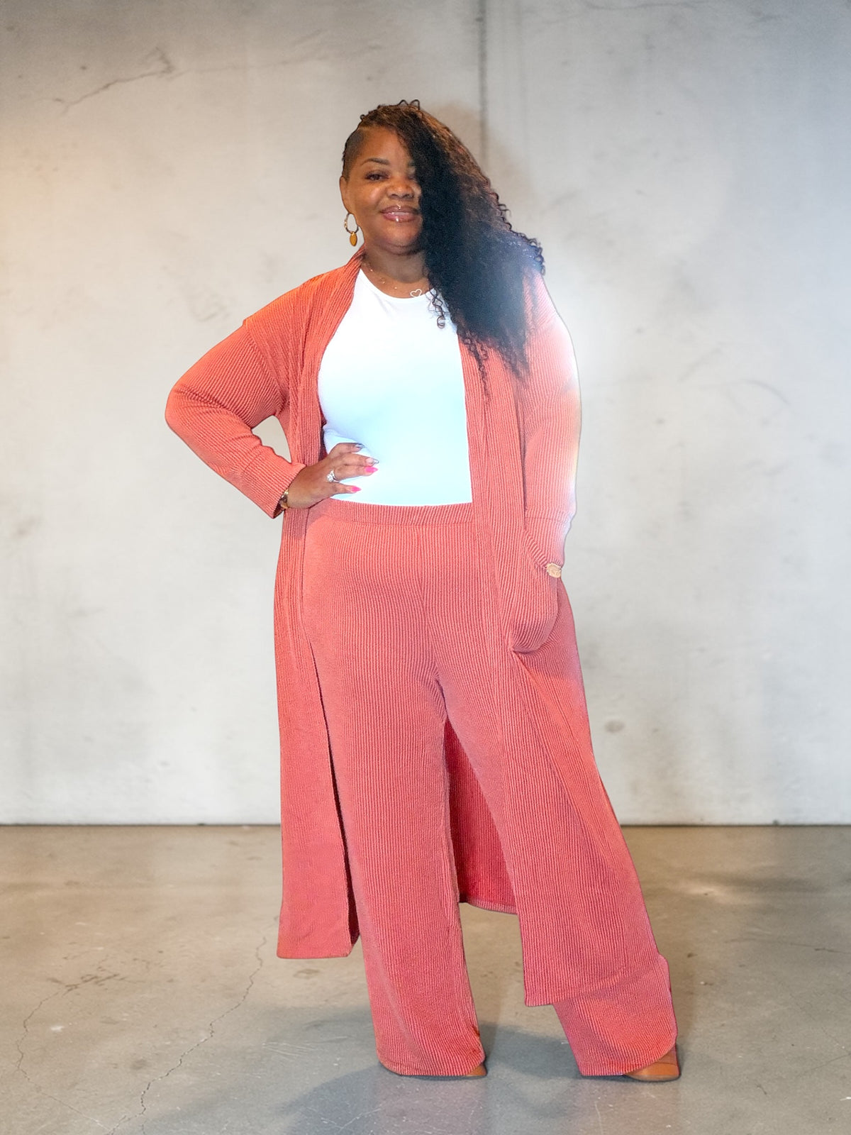 Plus Size 2 Piece Longline Cardigan And Pant Set