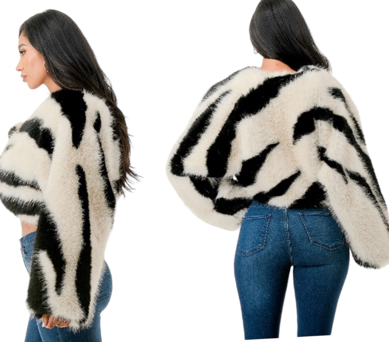 Faux Fur Plus Size Zebra Print Cropped Jacker - Fabulously Dressed Boutique 