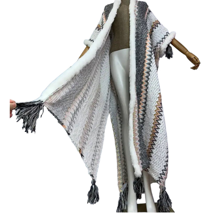 Woman Bohemian White Tassel Knitted Maxi Cardigan