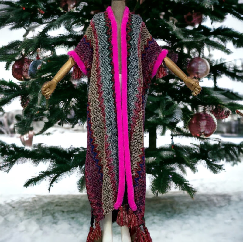 Woman Bohemian Hot Pink Tassel Knitted Maxi Cardigan - Fabulously Dressed Boutique 