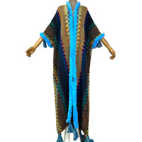 Woman Bohemian Blue Tassel Knitted Maxi Cardigan - Fabulously Dressed Boutique 