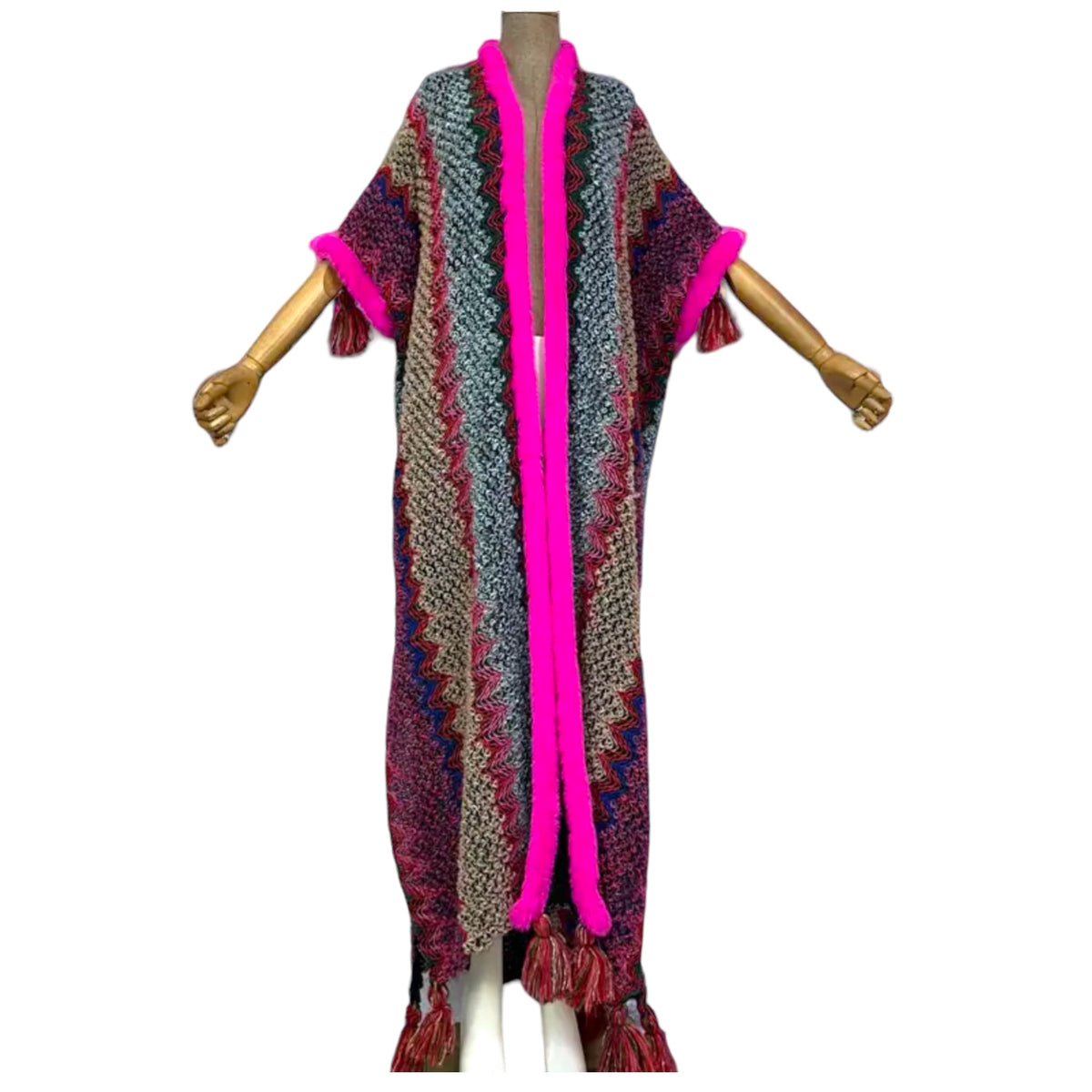 Woman Bohemian Hot Pink Tassel Knitted Maxi Cardigan - Fabulously Dressed Boutique 