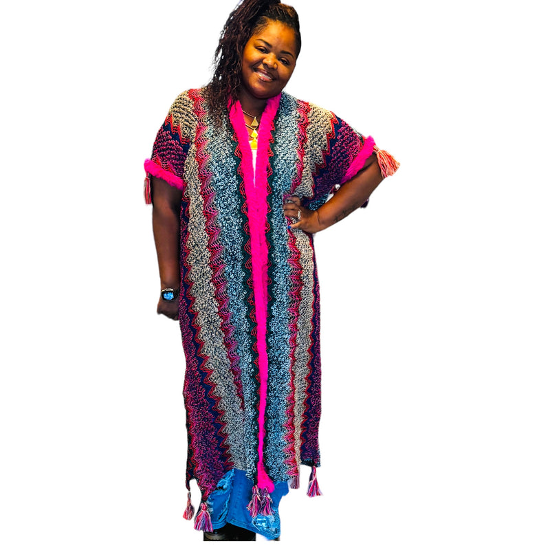 Woman Bohemian Hot Pink Tassel Knitted Maxi Cardigan - Fabulously Dressed Boutique 