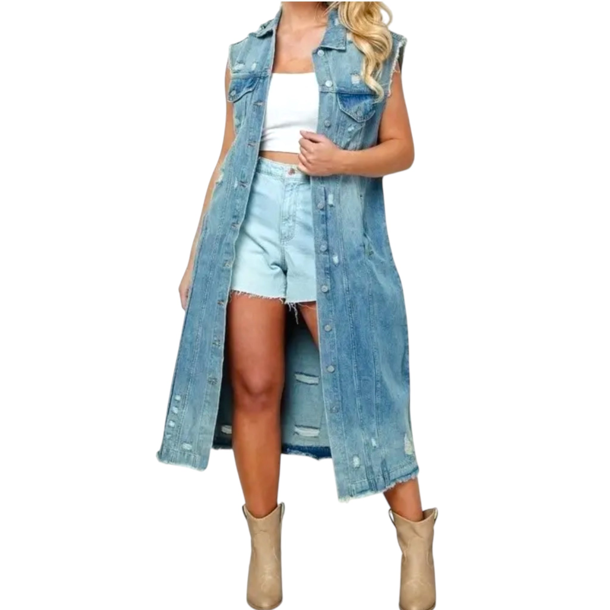 Plus Size No Sleeve Distressed Long Denim Jacket