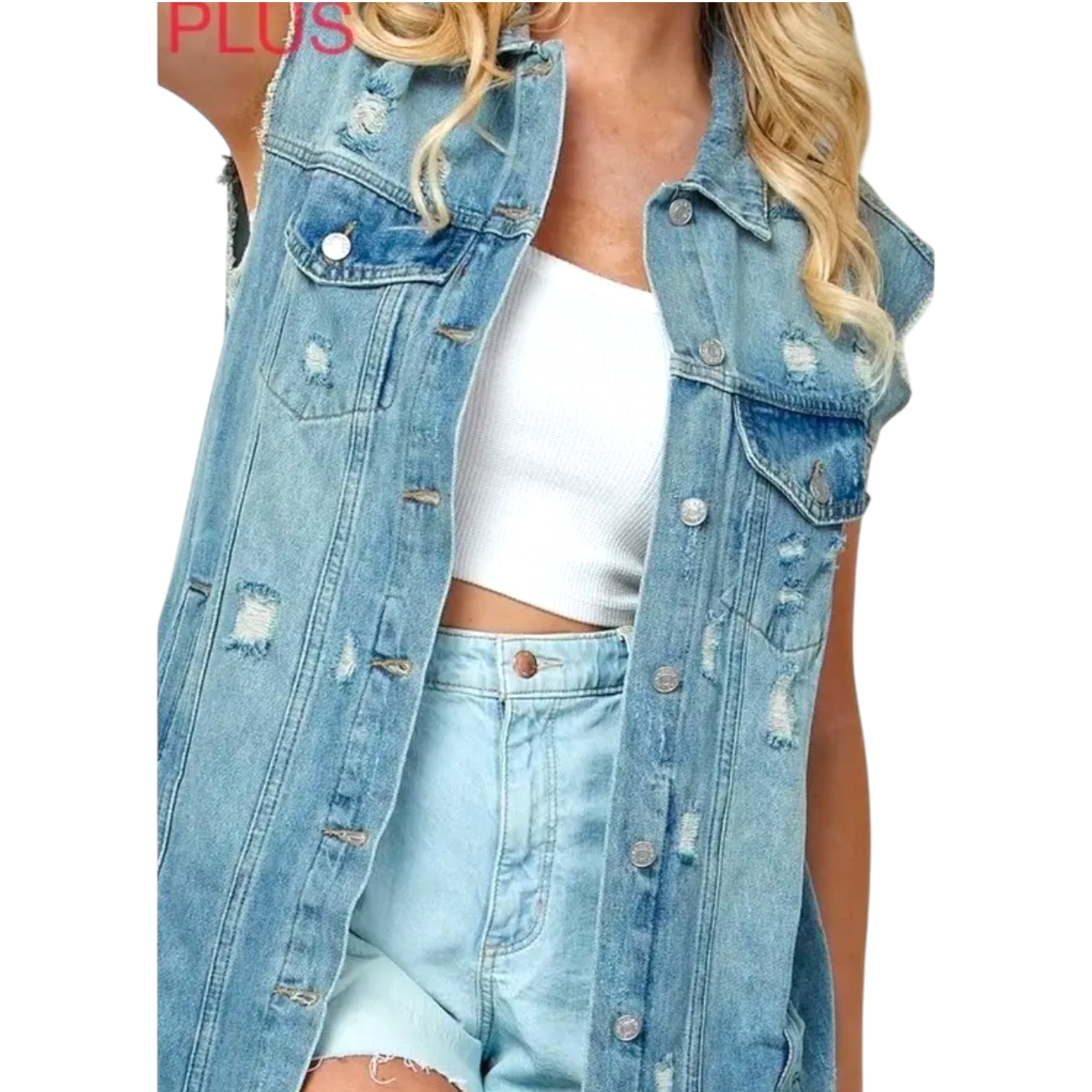 Plus Size No Sleeve Distressed Long Denim Jacket