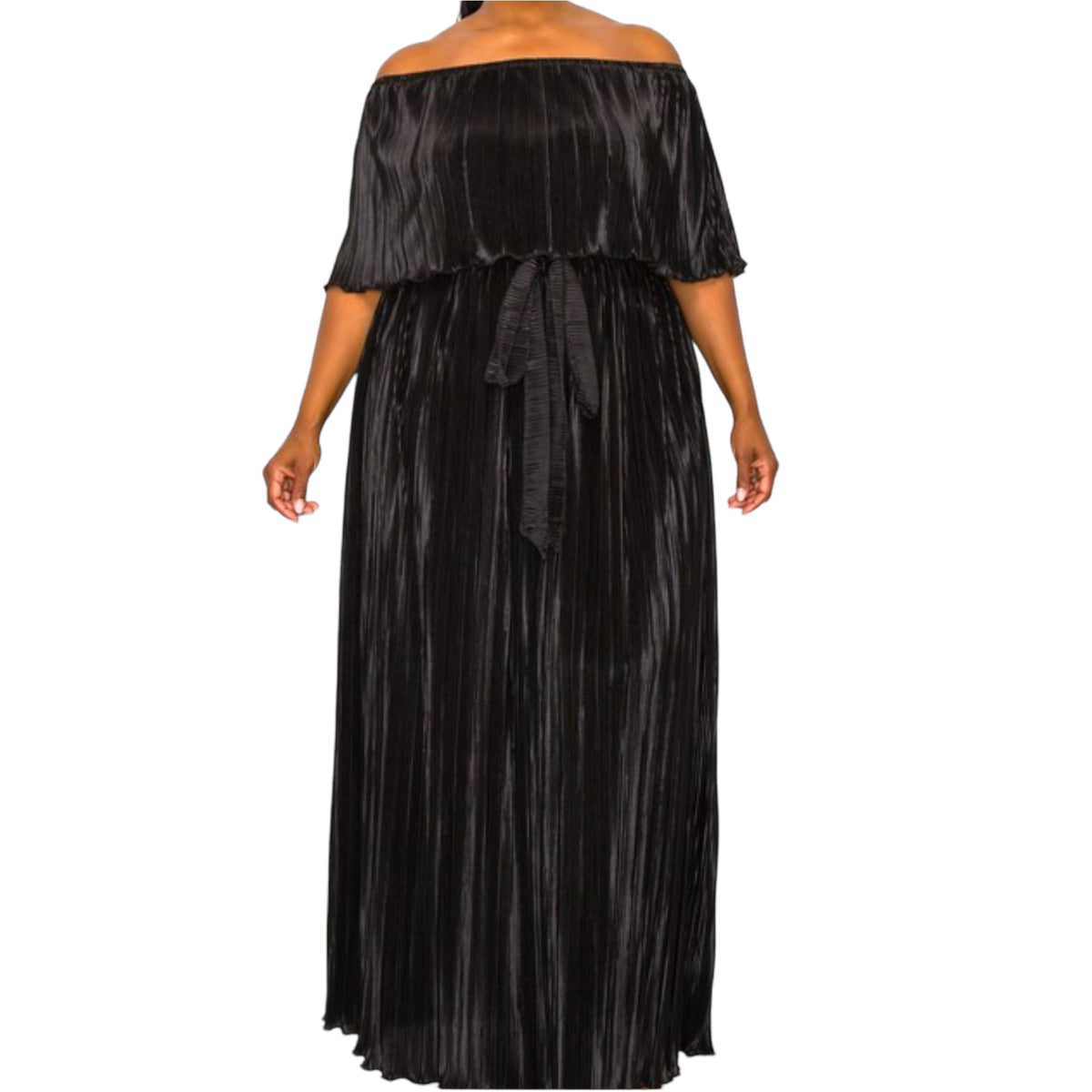 Black Pleated Off The Shoulder Maxi Dress - Fabulously Dressed Boutique 