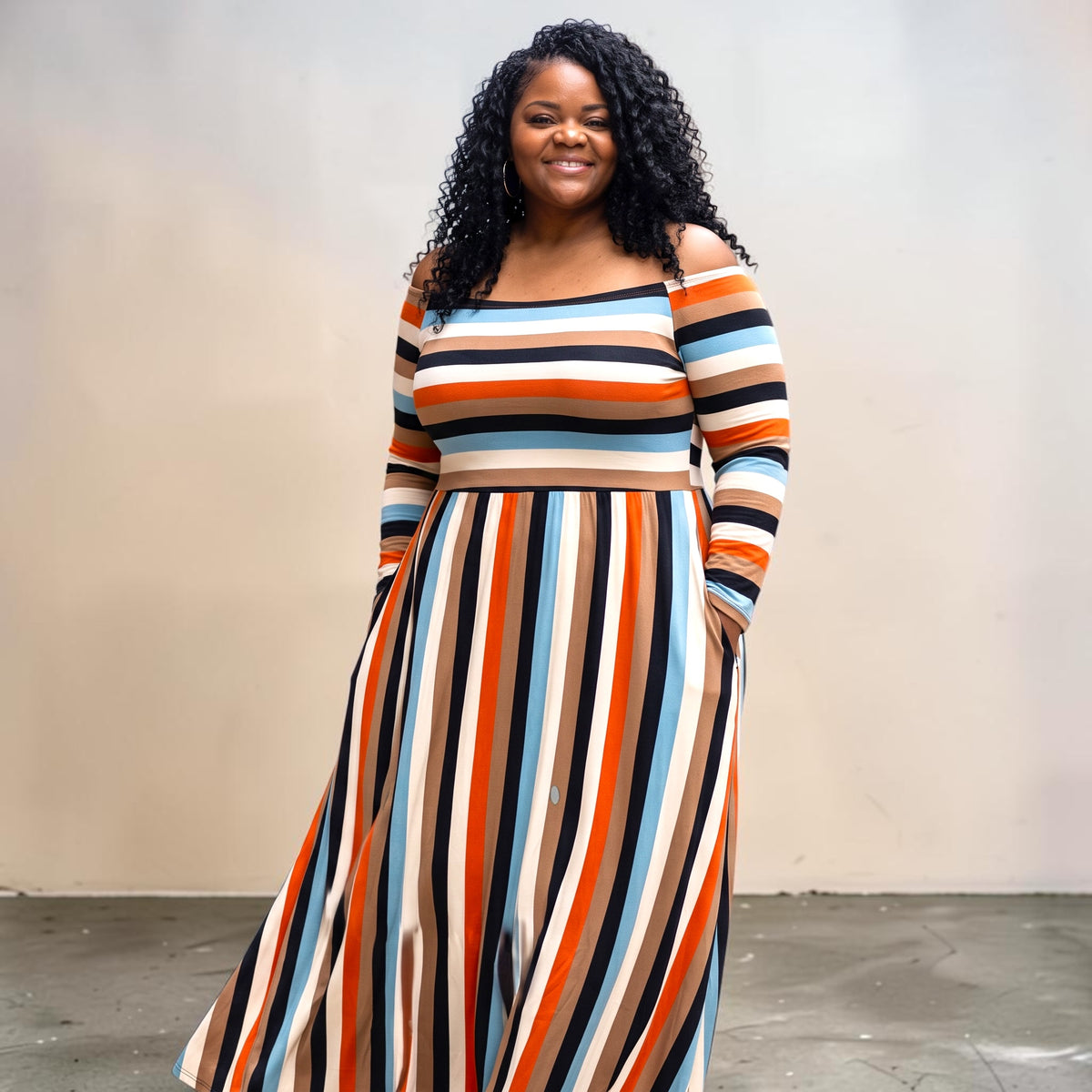 Women’ s Plus Size Off The Shoulder Striped Maxi Dress
