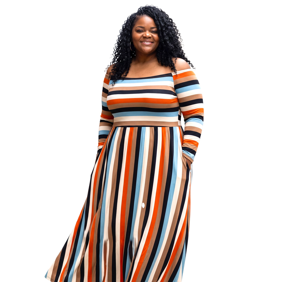 Women’ s Plus Size Off The Shoulder Striped Maxi Dress