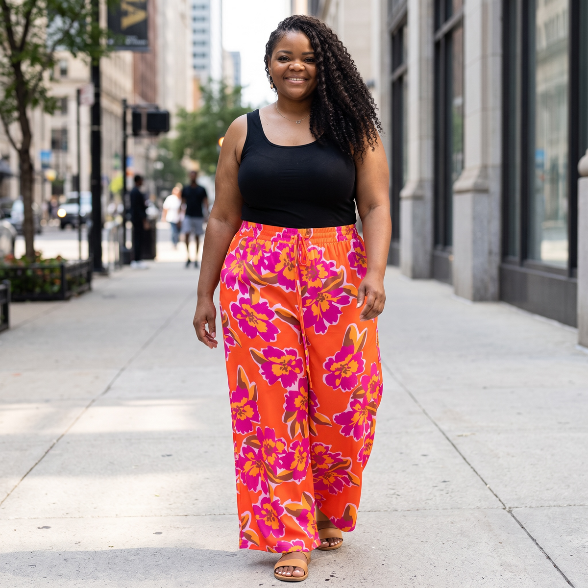Women’s Plus Orange Floral Print Wide Leg Pants