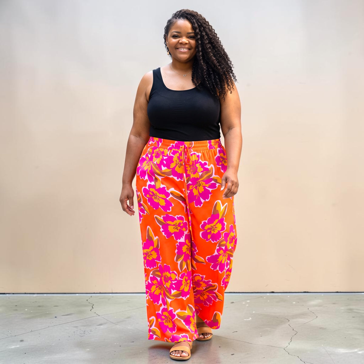 Women’s Plus Orange Floral Print Wide Leg Pants