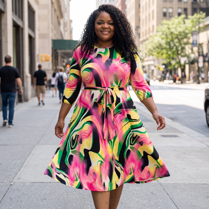 Brushed Print Plus Size Midi Dress