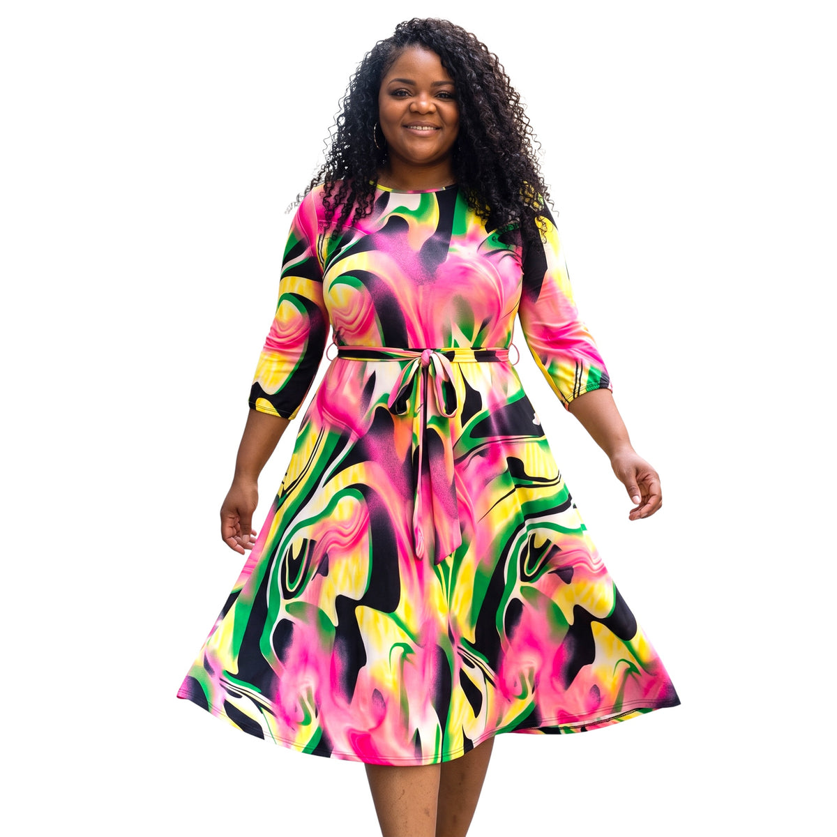 Brushed Print Plus Size Midi Dress