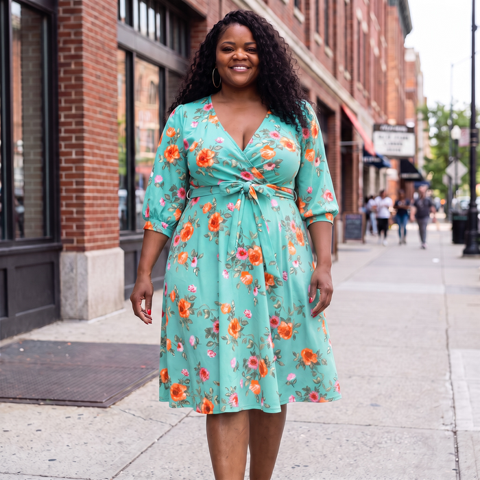 Plus Size Floral A Line Flare Dress With Belt