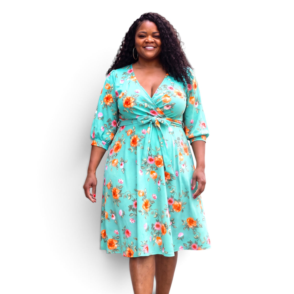 Plus Size Floral A Line Flare Dress With Belt