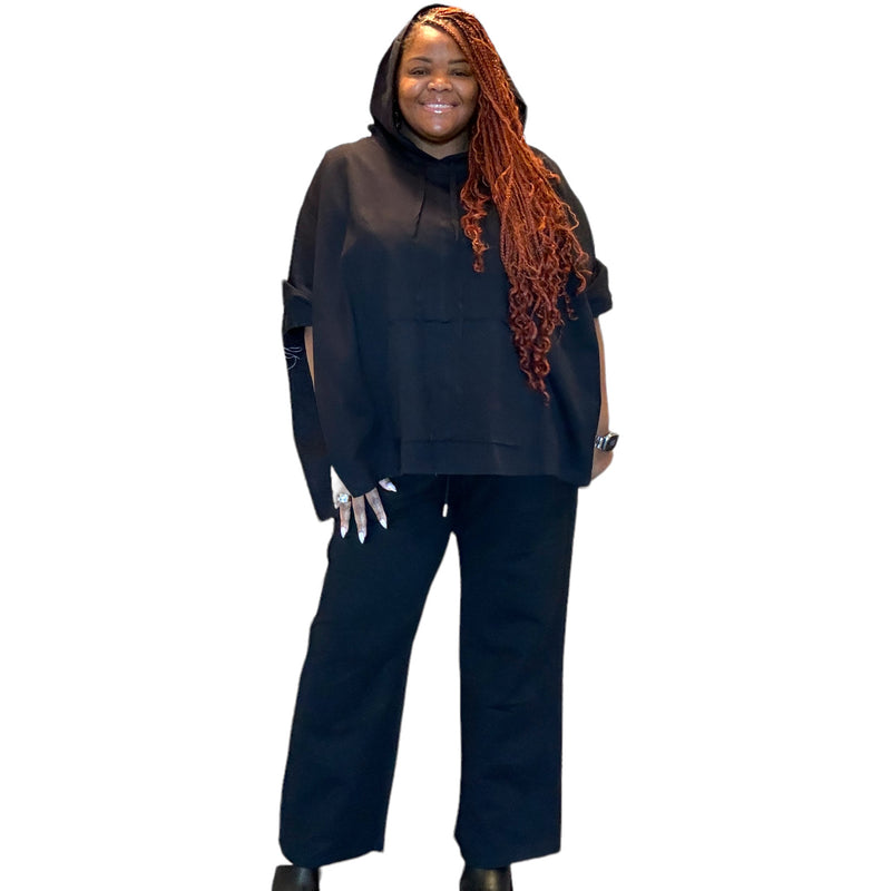 Women’s Black Plus Size Oversized Poncho Hoodie Set - Fabulously Dressed Boutique 