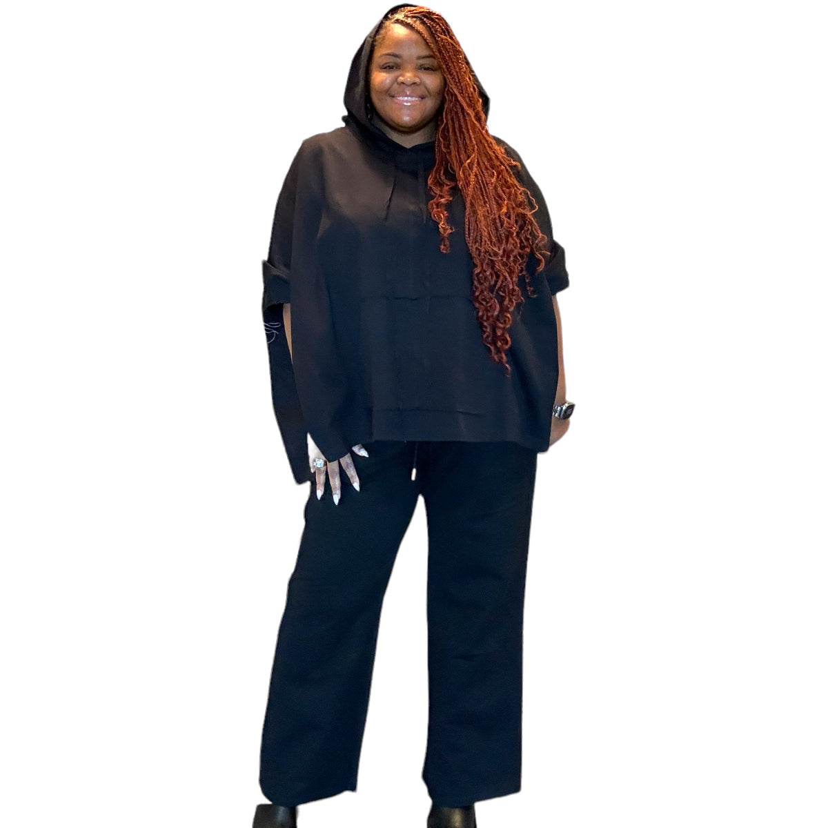 Women’s Black Plus Size Oversized Poncho Hoodie Set - Fabulously Dressed Boutique 