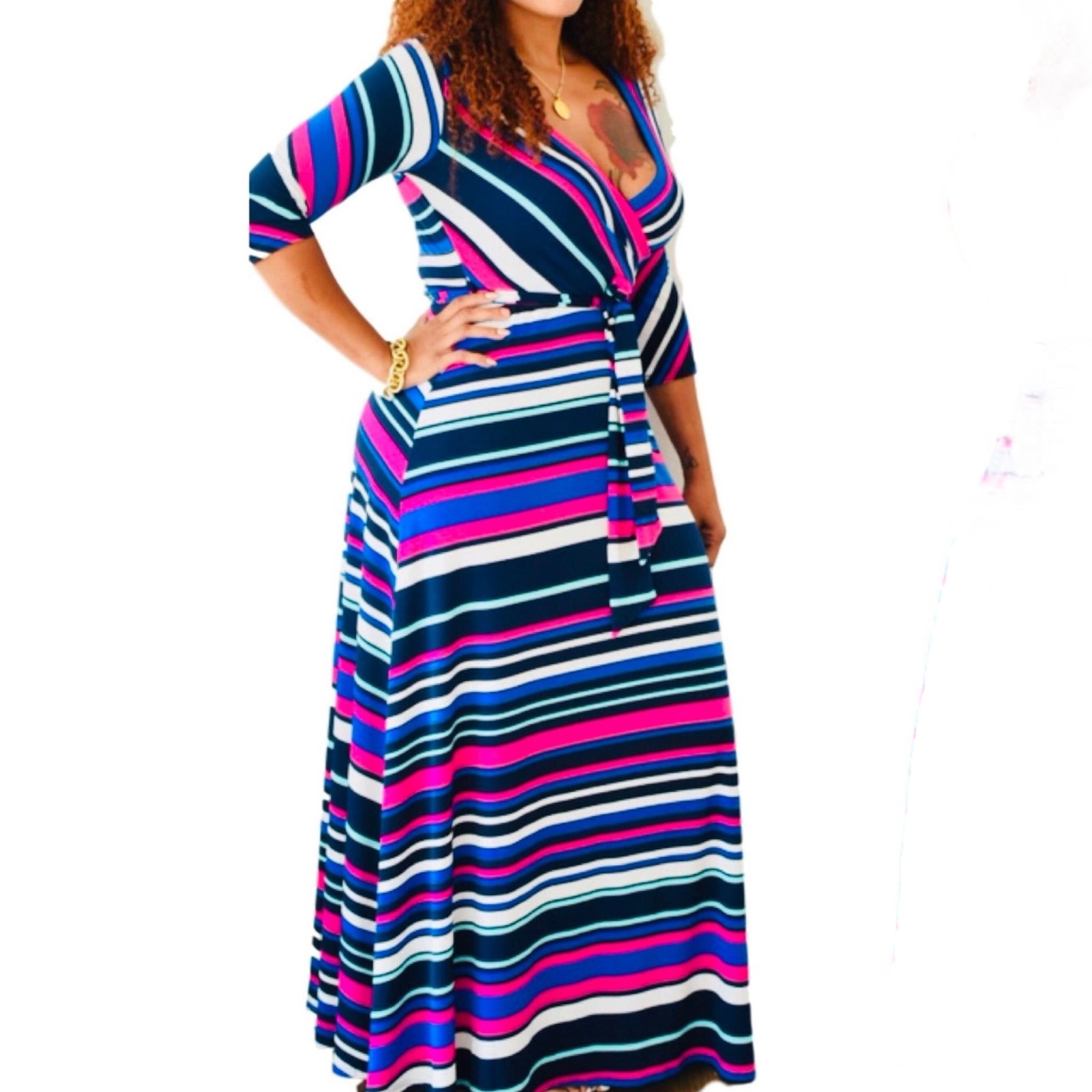 New Vibrant Striped Belted Faux Wrap Maxi Dress