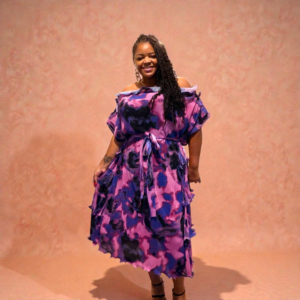 Plus Size Purple Pleated Tiered Ruffled Maxi Dress