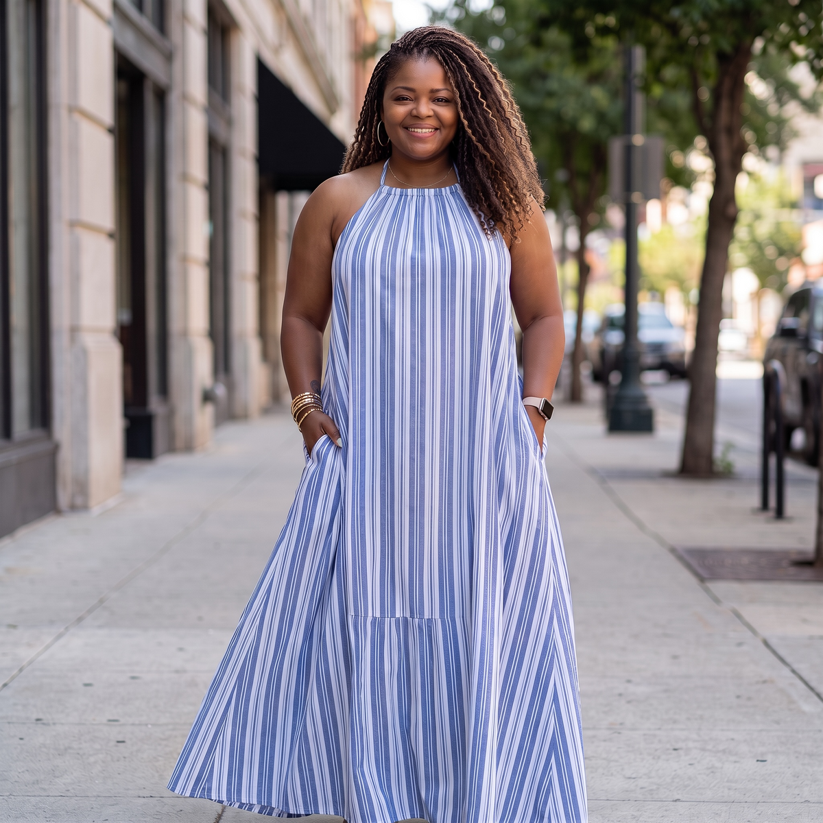 Women's Plus Size Blue And White Striped Tie Back Maxi Dress