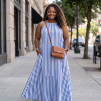 Women's Plus Size Blue And White Striped Tie Back Maxi Dress