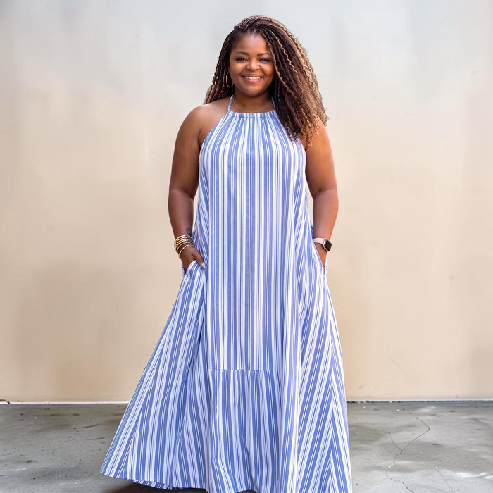 Women's Plus Size Blue And White Striped Tie Back Maxi Dress