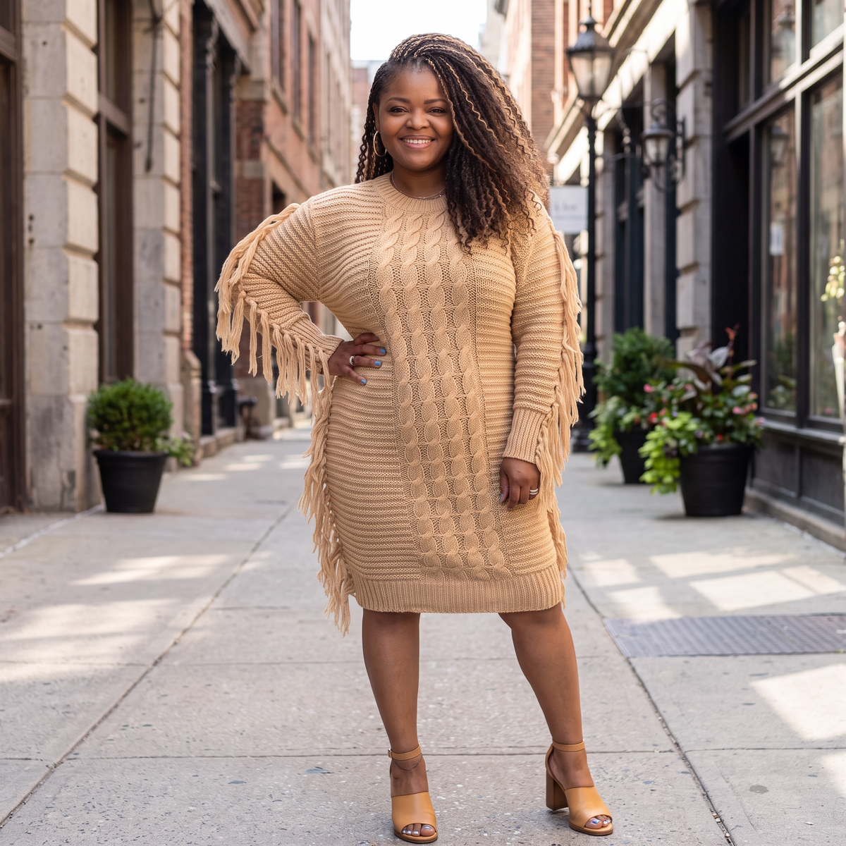 Women’s Perfect Camel Fringe Sweater Dress