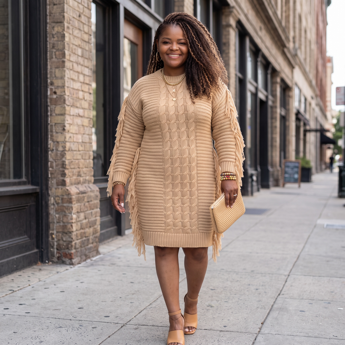 Women’s Perfect Camel Fringe Sweater Dress