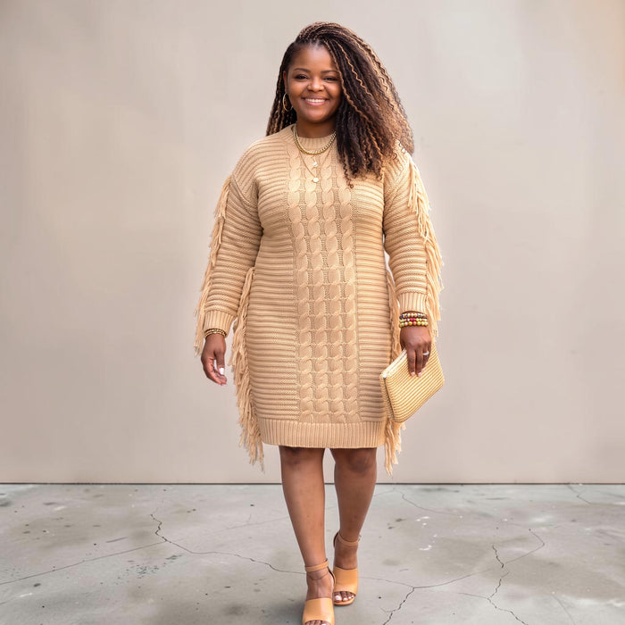 Women’s Perfect Camel Fringe Sweater Dress