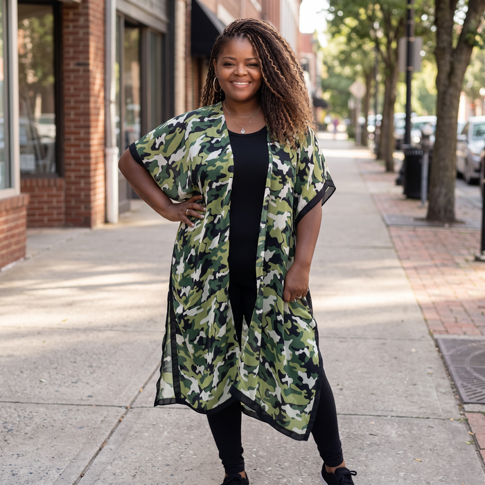 Women's One Size Long Open Front Camouflage Print Kimono