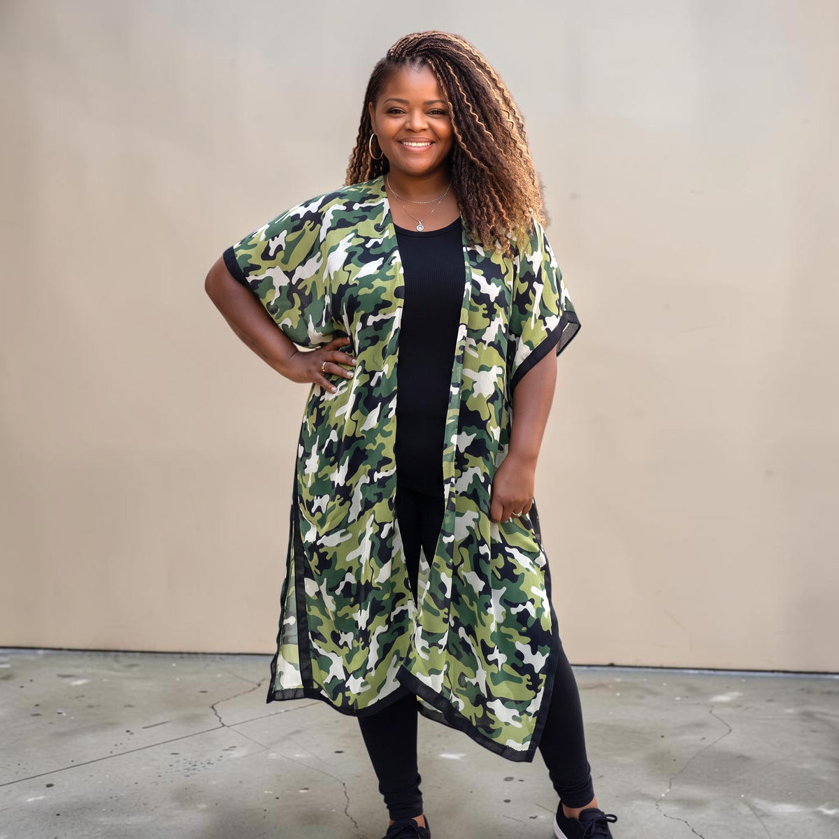 Women's One Size Long Open Front Camouflage Print Kimono