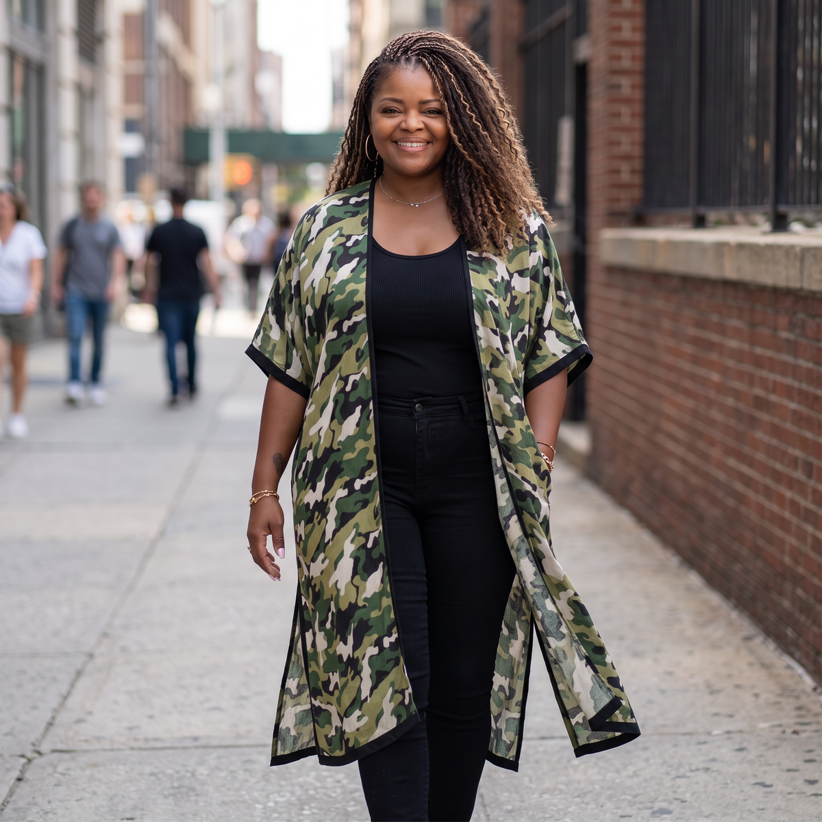 Women's One Size Long Open Front Camouflage Print Kimono