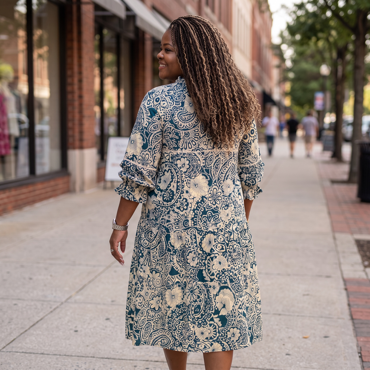 Women's Peacock Print Tiered Midi Dress With 3/4 Sleeves