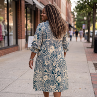 Women's Peacock Print Tiered Midi Dress With 3/4 Sleeves
