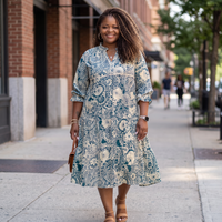 Women's Peacock Print Tiered Midi Dress With 3/4 Sleeves