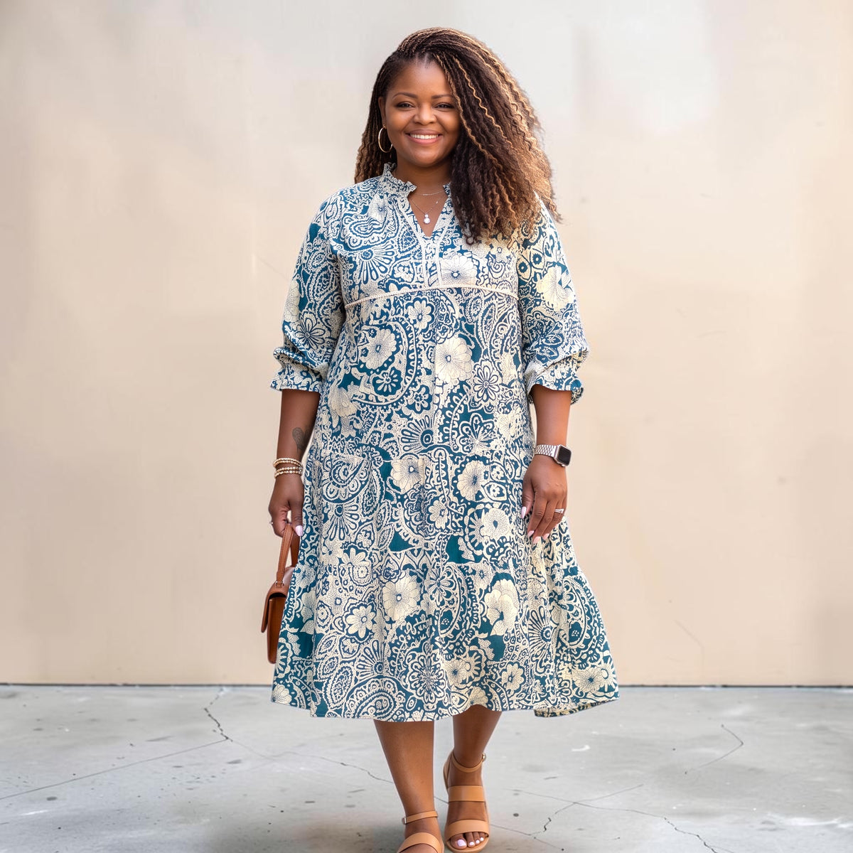 Women's Peacock Print Tiered Midi Dress With 3/4 Sleeves
