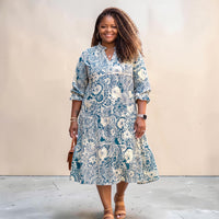 Women's Peacock Print Tiered Midi Dress With 3/4 Sleeves