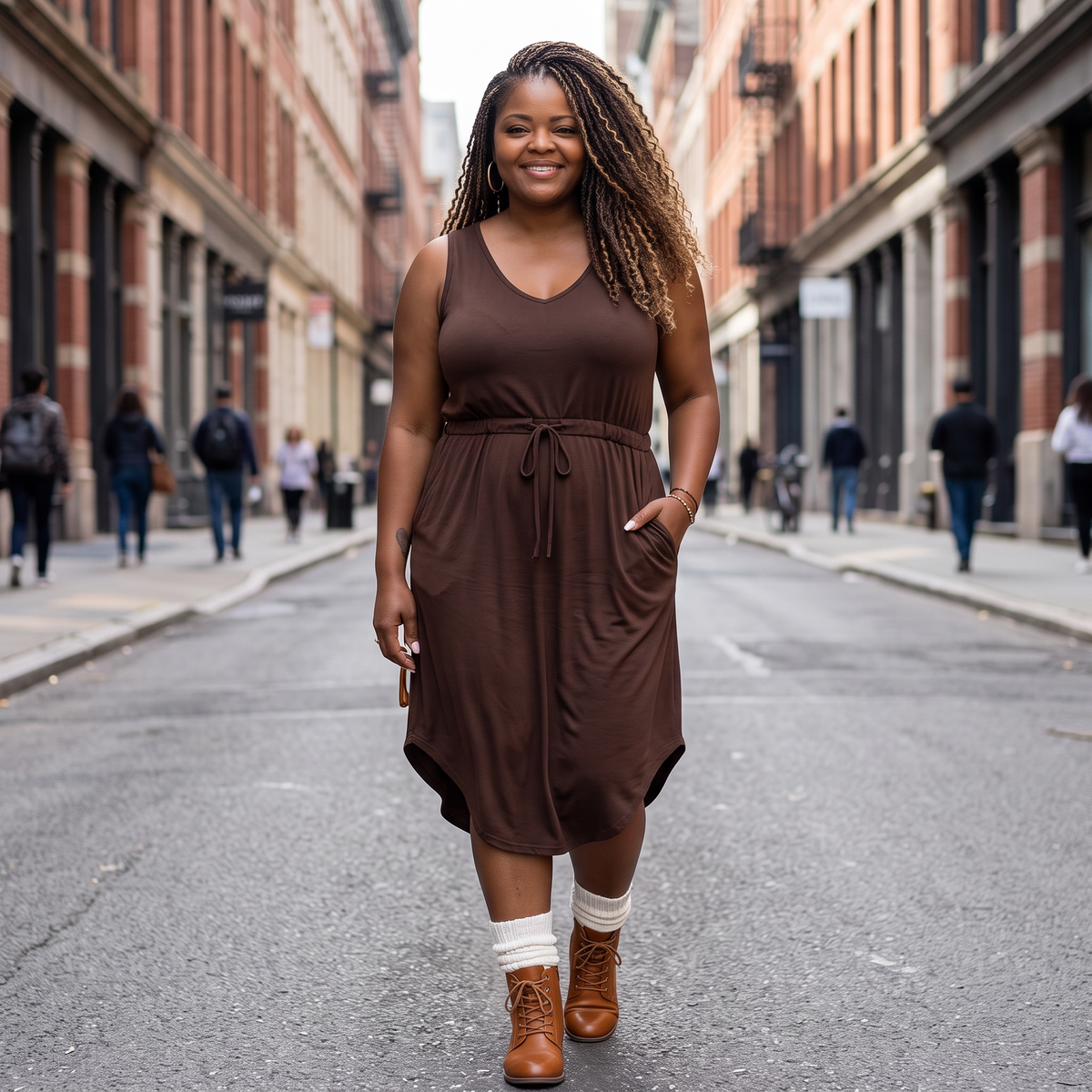 Plus Size Drawstring Sleeveless Brown Midi Dress