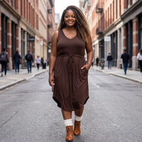 Plus Size Drawstring Sleeveless Brown Midi Dress