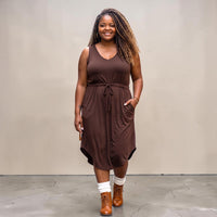 Plus Size Drawstring Sleeveless Brown Midi Dress