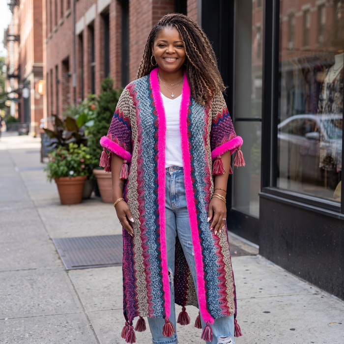 Woman Bohemian Hot Pink Tassel Knitted Maxi Cardigan
