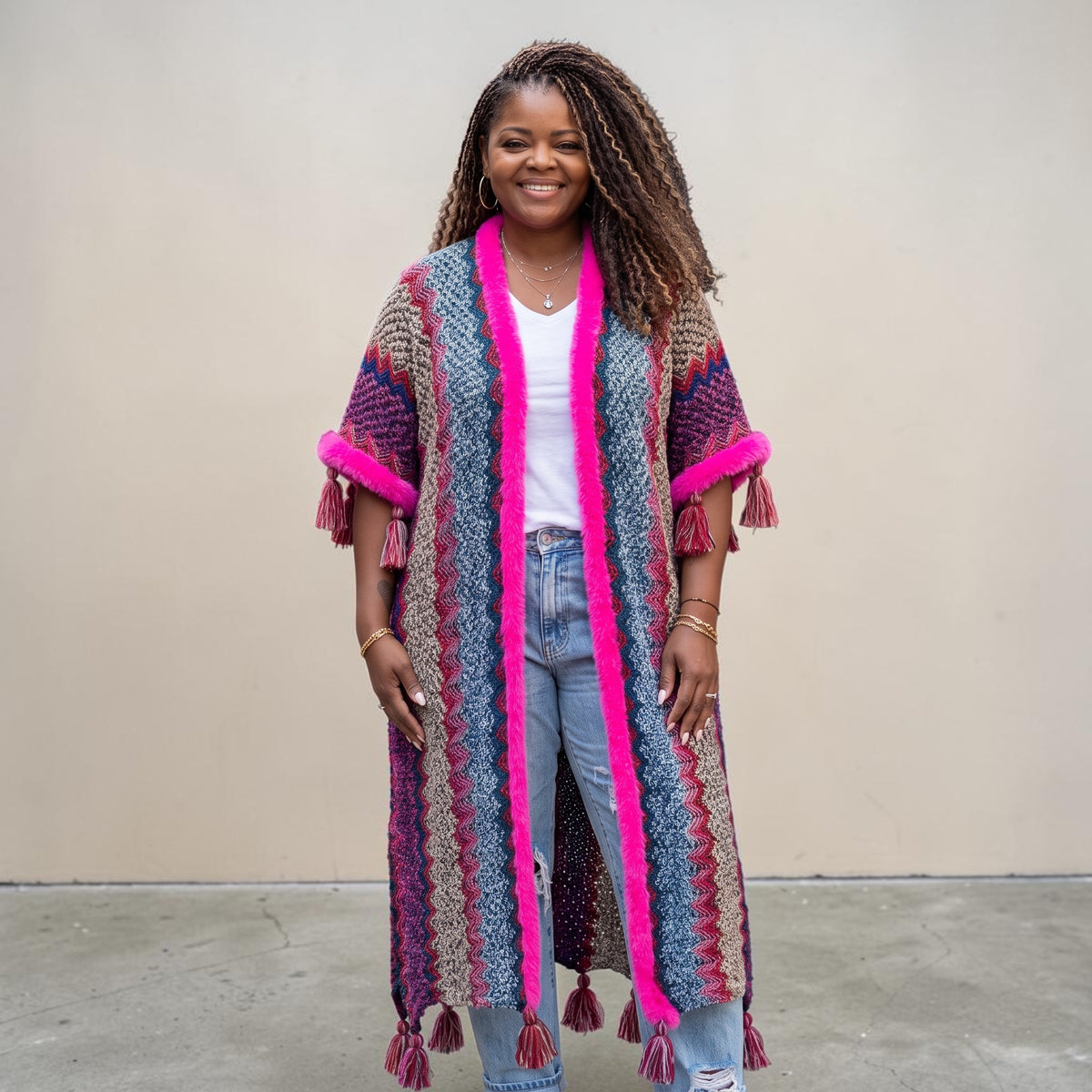 Woman Bohemian Hot Pink Tassel Knitted Maxi Cardigan