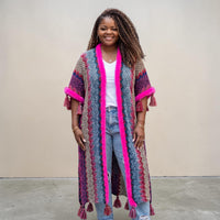 Woman Bohemian Hot Pink Tassel Knitted Maxi Cardigan